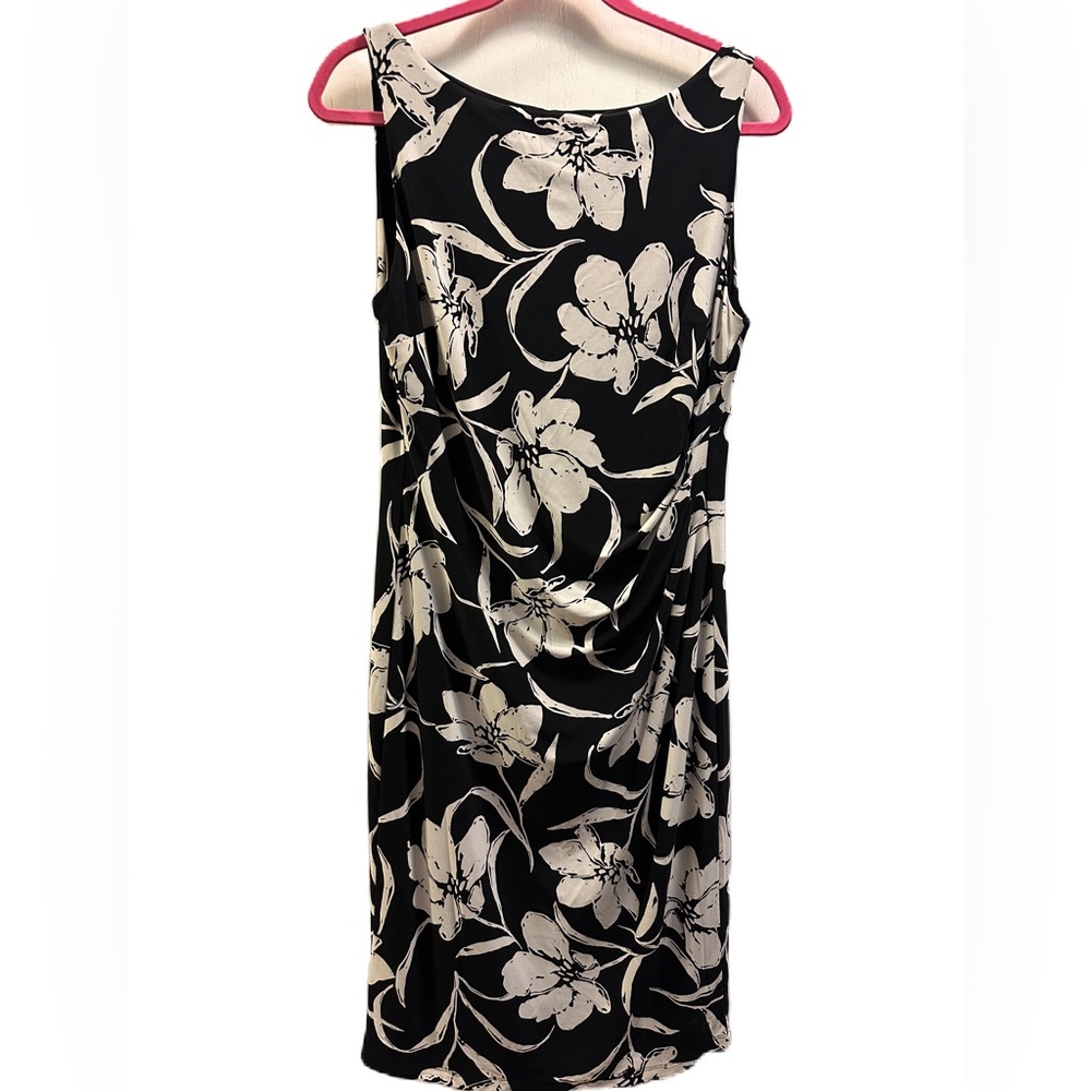Lauren Ralph Lauren Sleeveless Dress SZ 10 Black/White Floral w/gathered side